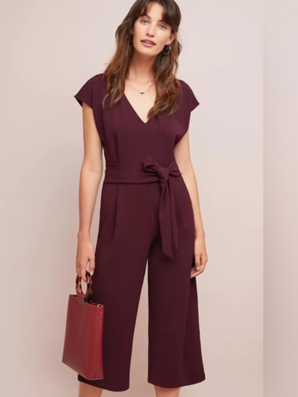 Anthropologie Wine V-Neck Tie-Waist Cropped Jumpsuit